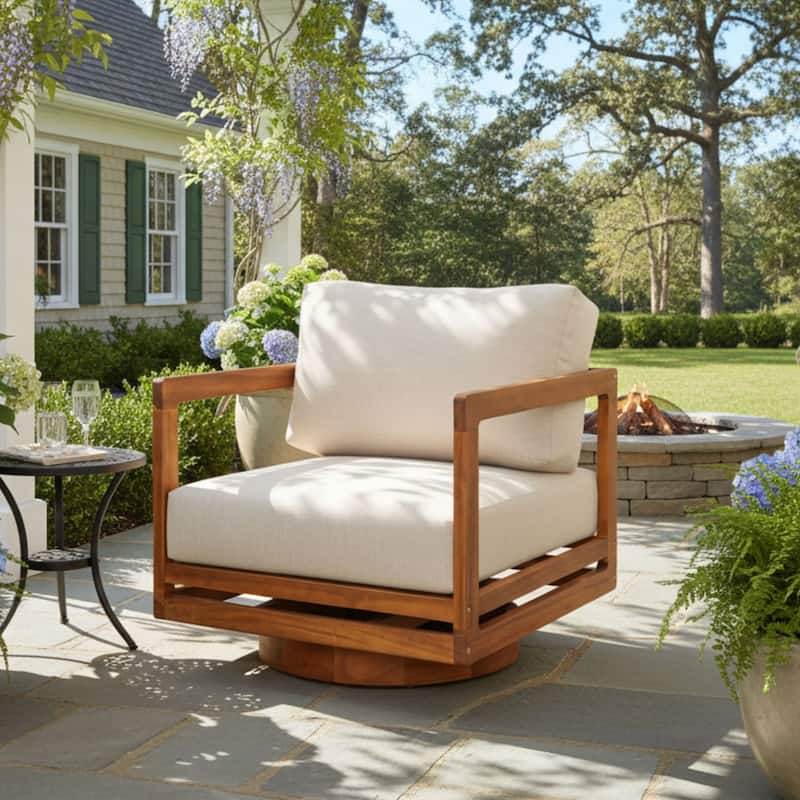 Roomfitters Tanah Outdoor Acacia Wood Swivel Lounge Chair with Cushions, Teak Finish and Beige