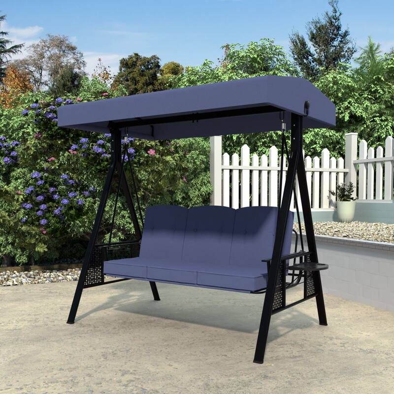 VEIKOUS 3-Seat 2-in-1 Convertible Patio Porch Swing with Adjustable Canopy Swing and Cushion - Blue
