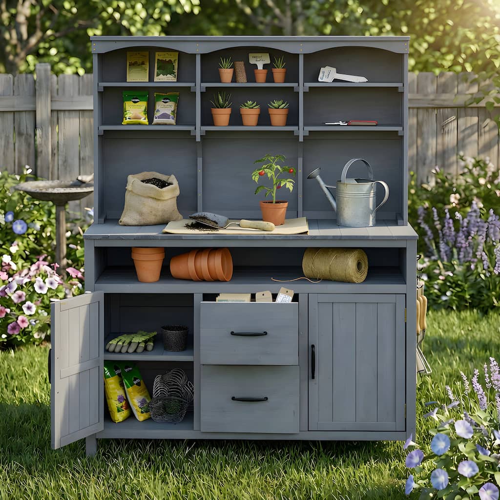 Large Fir Wood Potting Bench,45.3"L Multi-Functional Patio Kitchen Island with Hutch,Cabinets,Drawers & Hooks,Large Countertop