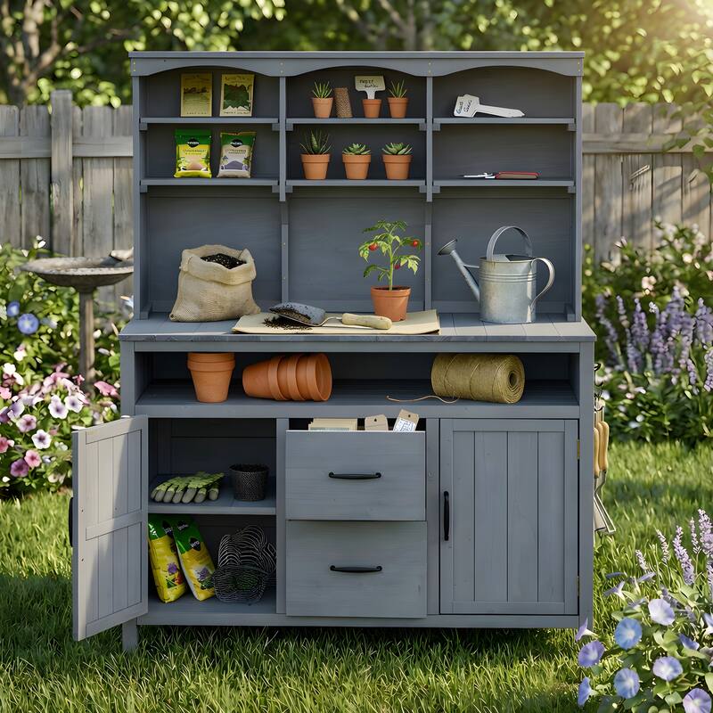 Roomfitters Outdoor Garden Potting Bench with Storage Hutch, Potting Table with Drawers and Cabinets, Shelves - Grey