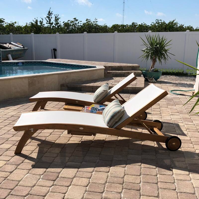 Chic Teak Bahama Teak Wood Pool Lounger With Batyline Mesh, White