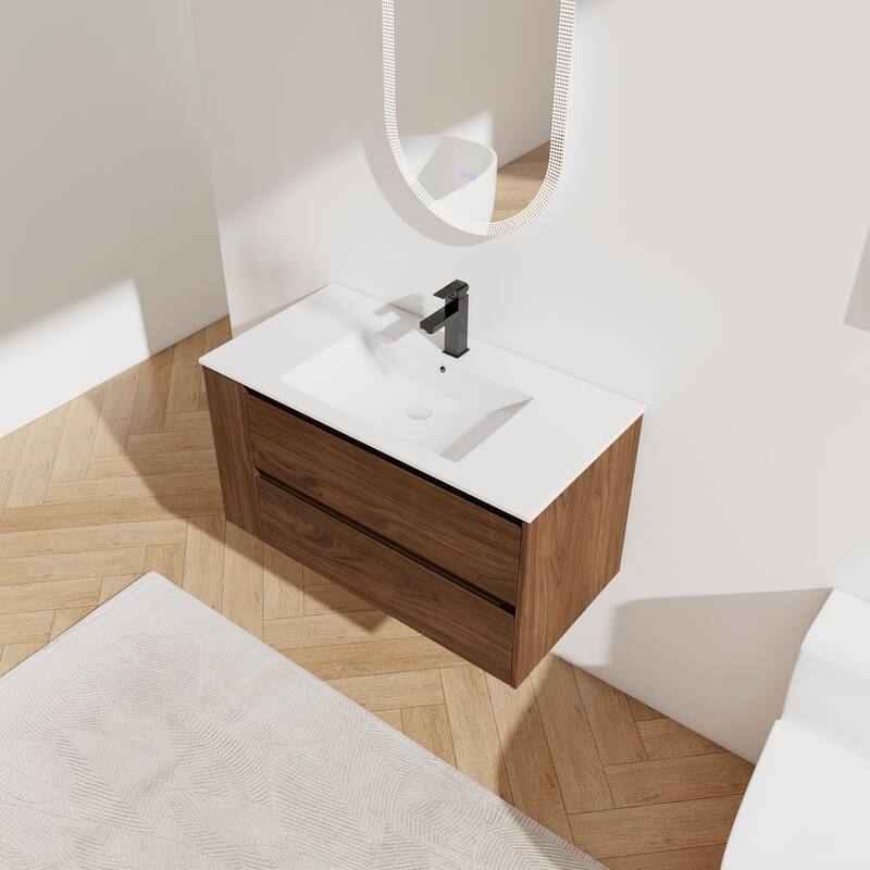 Contemporary 36-Inch Bathroom Vanity Cabinet with Adjustable Side Shelf, Soft-Close Drawers & Ceramic Sink - 35.9in L Plywood