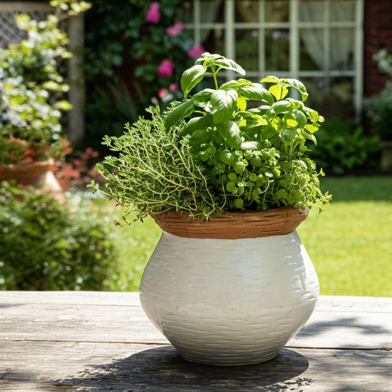Pottery Planter Textured Design Indoor Outdoor Use - 7" White, Tan - 8" x 8" x 6.5"