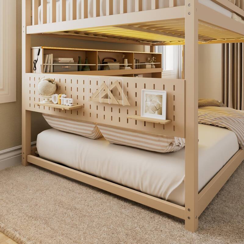 Full XL over Queen/Full over Full Bunk Bed with Integrated Shelving, Color-Changing Lights & Pegboard