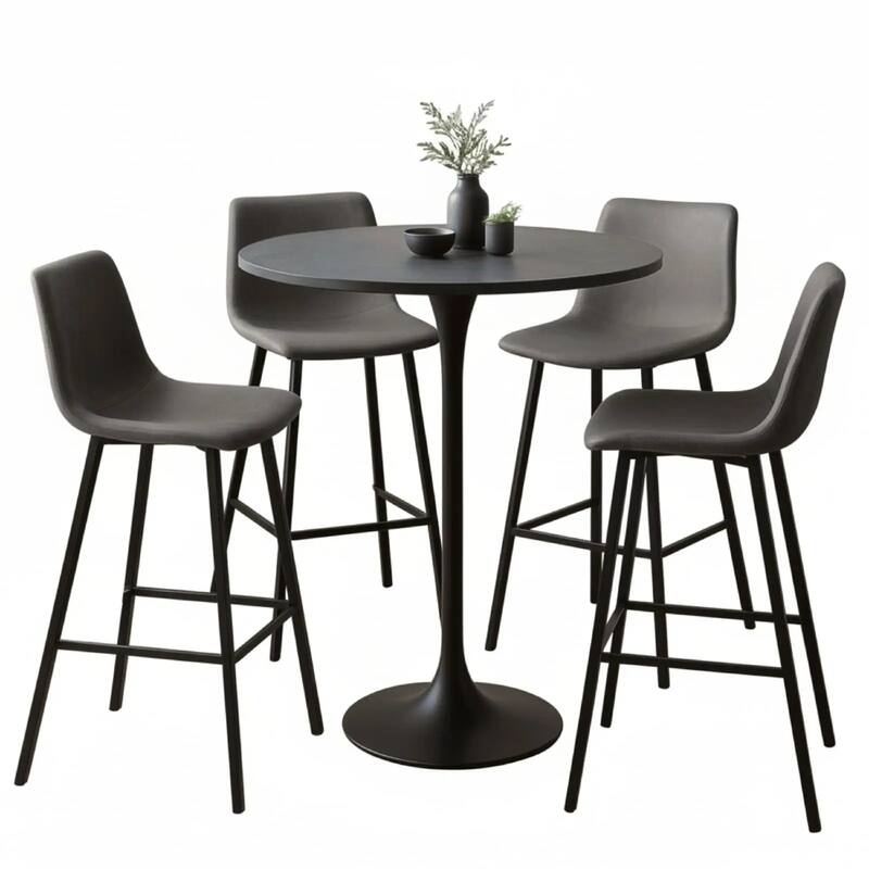 Elland 5-Piece Bar-Height Dining Set with Round MDF Bar Table and Upholstered Leather Bar Stools