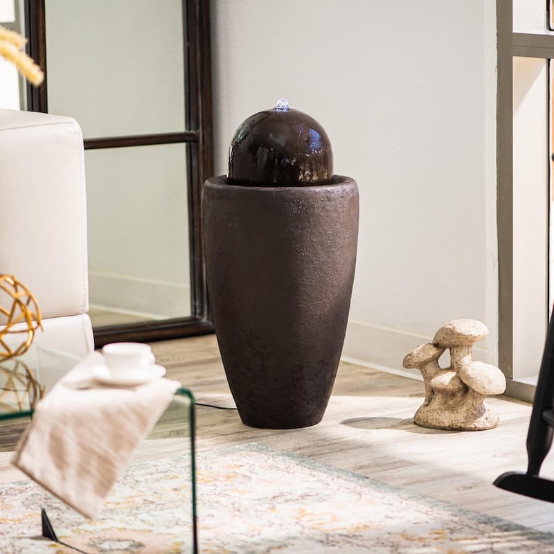 XBrand 25.98"H Modern Round Stone Textured Sphere Water Fountain w/LED Lights, For Indoor/Outdoor, Ball Water Fountain
