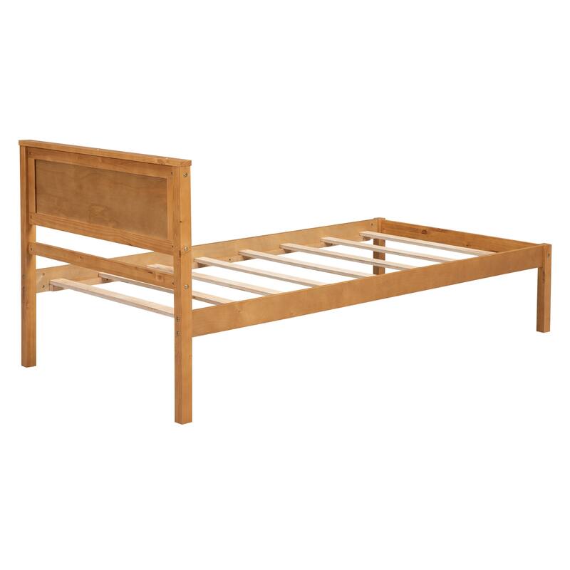 Oak Twin Platform Bed Frame with Headboard, Wood Slat Support, No Box Spring Needed