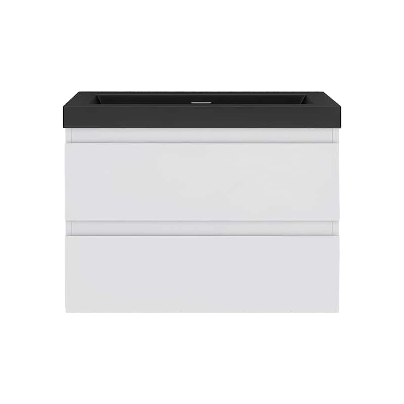 24/30/36 inch Wall-Mounted Bathroom Vanity Set in White with Integrated Black Resin Sink