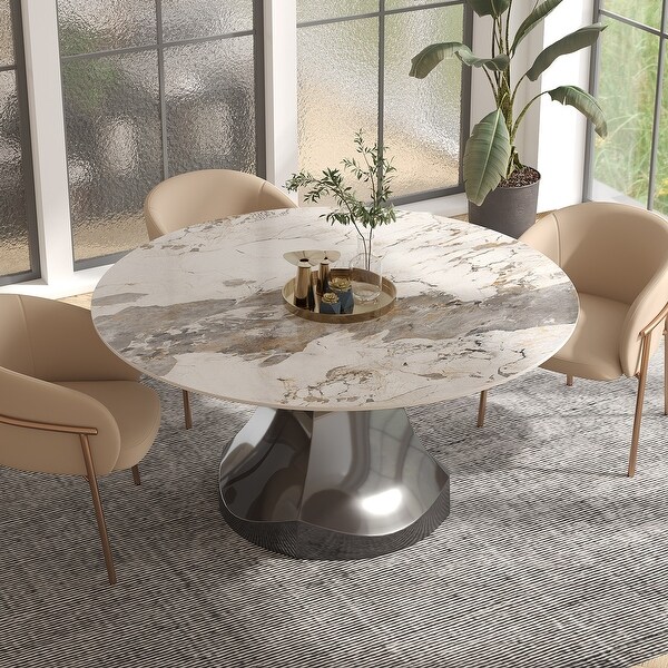Modern Round Rock Stone Top Gunmetal Grey Stainless Steel Pedestal
