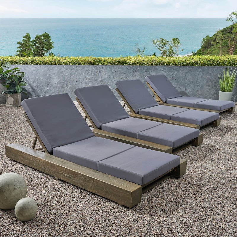 Christopher Knight Home - Broadway Acacia Wood Chaise Lounge with Adjustable Recline and Cushioned Comfort - 4-Piece - Sandblast Gray+Dark Grey/4-Piece