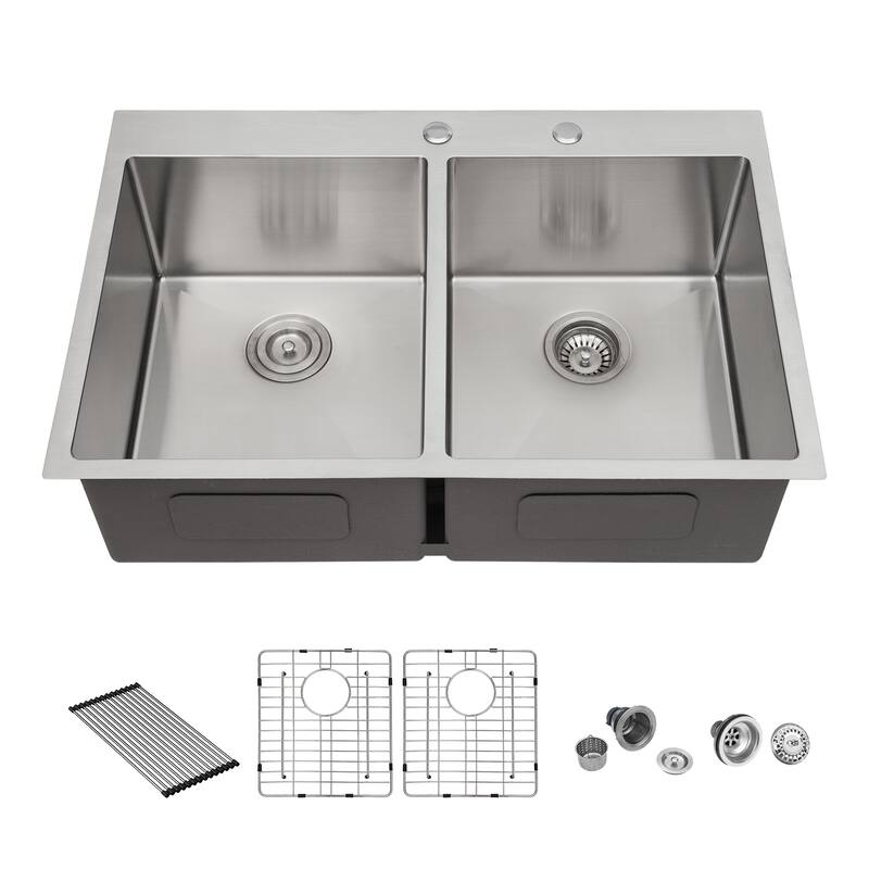 Dro-In 16 Gauge Double Bowl Stainless Steel Kitchen Sink in Brushed Nickel