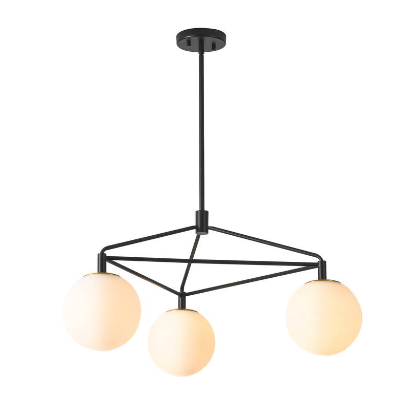 3-Light 30.7" W Modern Black Geometric Framework Design Metal Opal Bubble Glass Globe Chandelier for Bedroom, Living Room