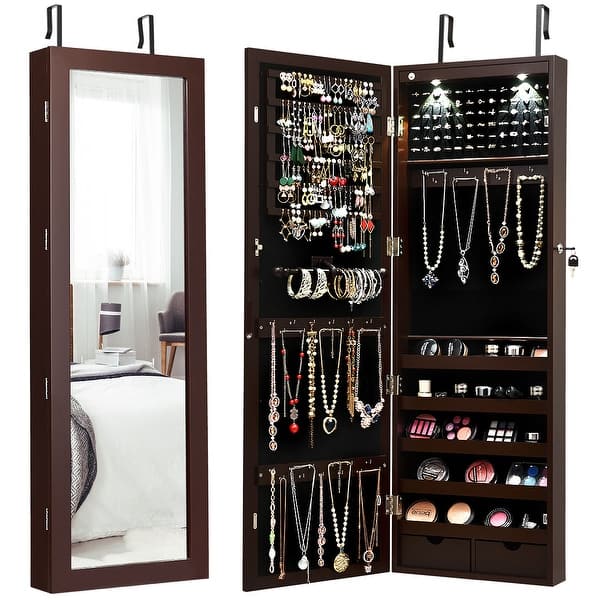 slide 2 of 12, Costway Wall Mount Mirrored Jewelry Cabinet Organizer LED Lights Brown