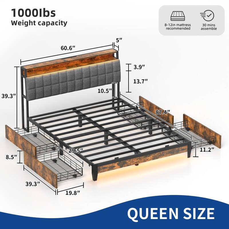 Moasis King/Queen/Full Size Upholstered Platform Bed with Charging Station and Storage Headboard