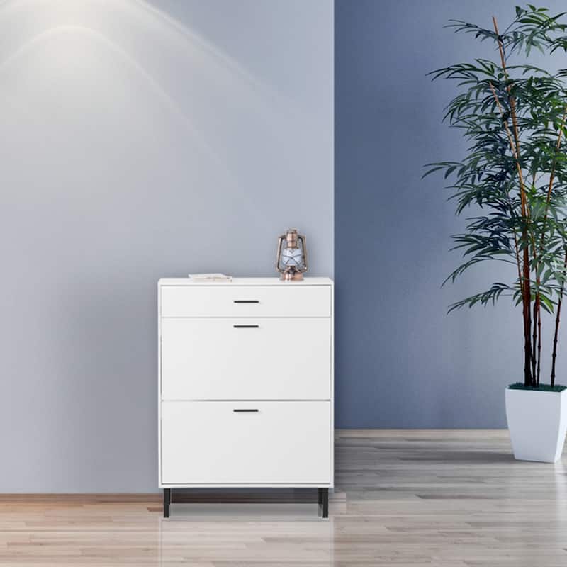 Freestanding 31.5 in.W Shoe Cabinet with 2 Flip Drawers and Metal Leg - 3-Tier