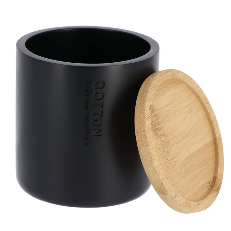 Sleek Cotton Pad Holder - Polyresin Bathroom Storage Container with Bamboo Lid - 4 L x 4 W x 4.6H