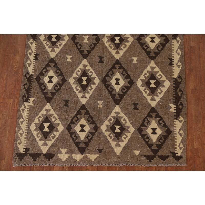 Hand Woven Oriental 100% Wool Carpet Southwestern Geometric Brown Kilim Area Rug - 6' 6'' X 4' 11''