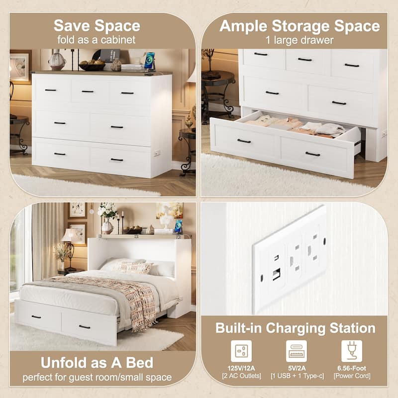 Foldable Murphy Bed Cabinet Full/Queen with USB & Type-C Ports and Storage Drawer for Guest Room