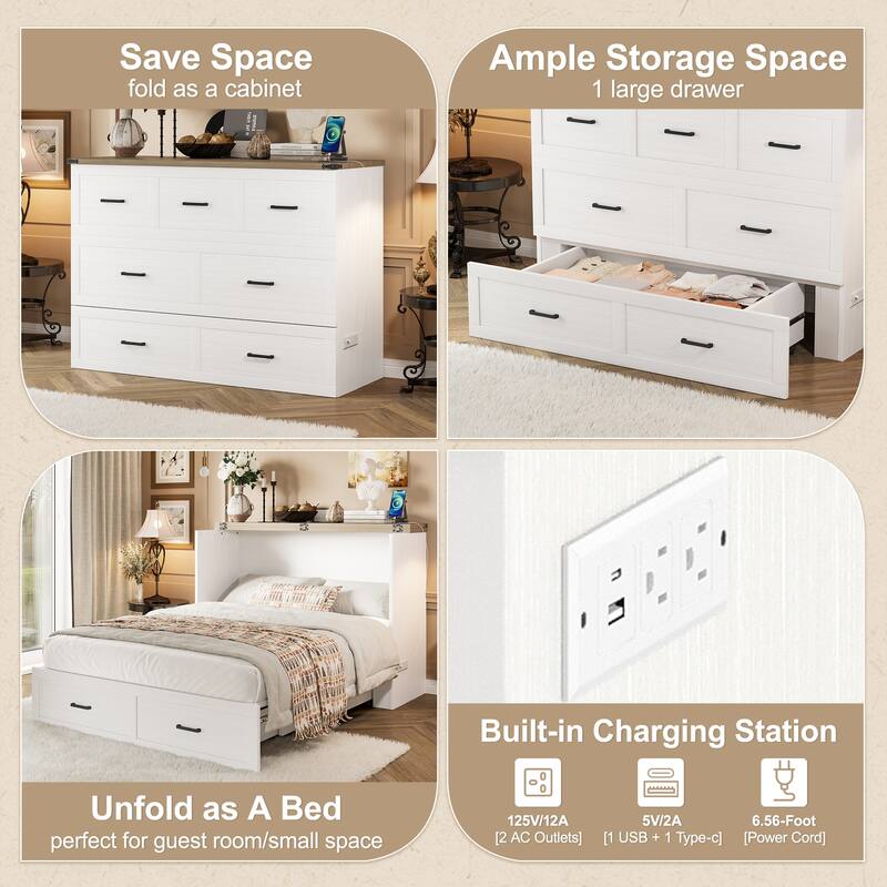 Full / Queen Murphy Bed Cabinet with Built in Charging Station Storage Drawer