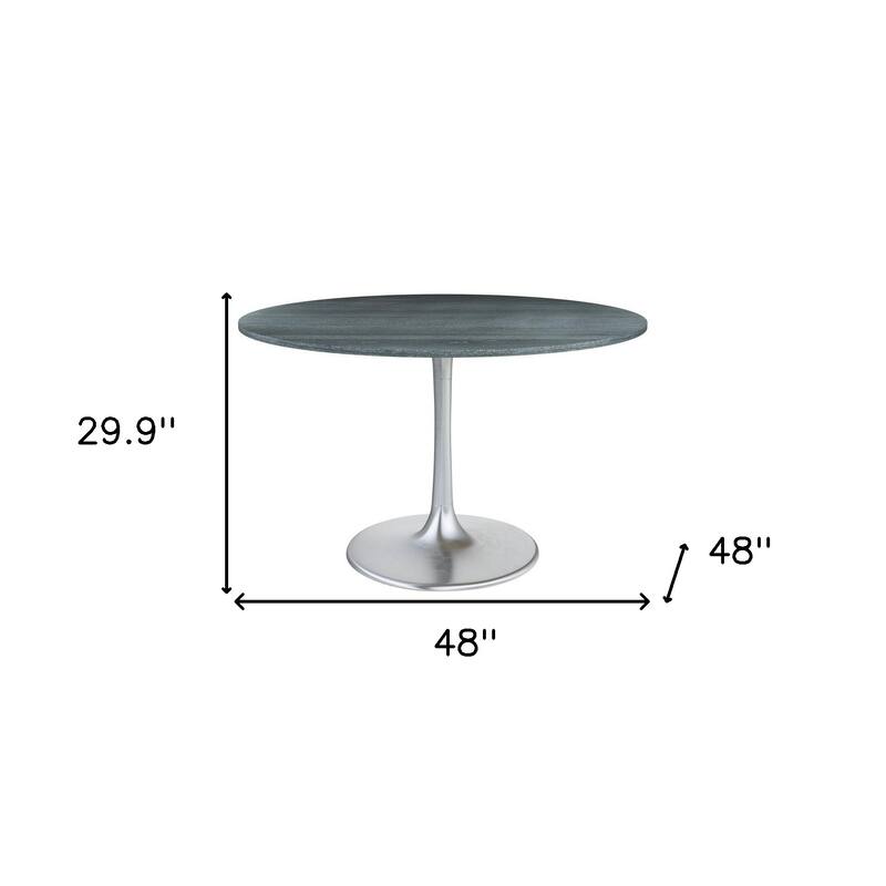 HomeRoots 48" Gray and Silver Marble and Aluminum Pedestal Base Round Top Dining Table - 48.00 in. x 29.90 in. x 48.00 in.