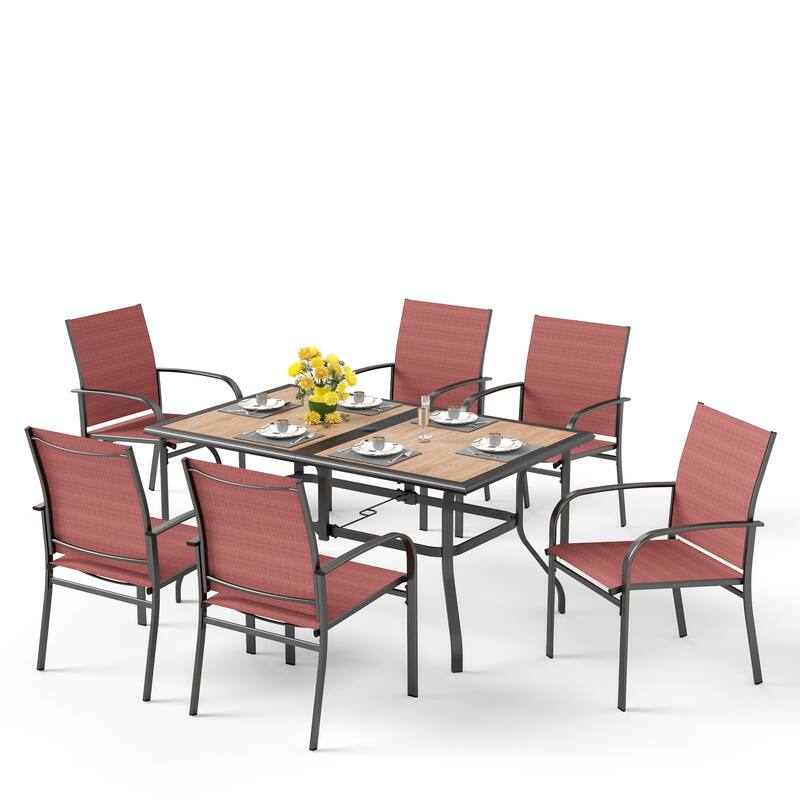 MAISON ARTS 7-Piece Patio Dining Set Wood-look Rectangle Table and 6 Textilene Chairs