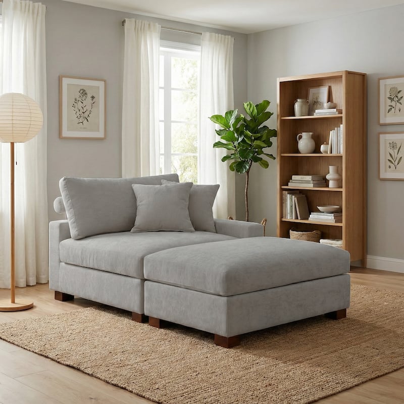 Oversized Chenille Modular Armchair And Ottoman Set Living Room Set - Grey - Right facing