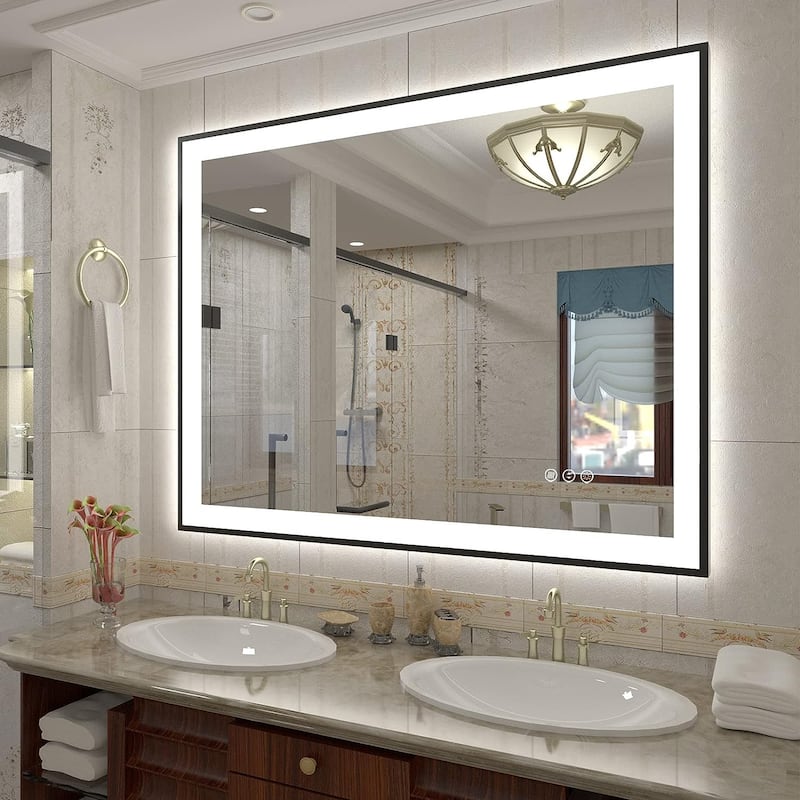 Full Size Back & Front LED Lighted Anti-Fog Tempered Glass Framed Wall Bathroom Vanity Mirror - 48" x 40"