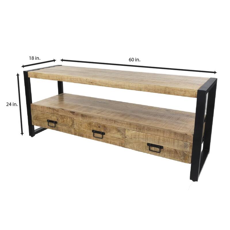 60" Solid Mango Wood Industrial TV Stand with Storage Drawers