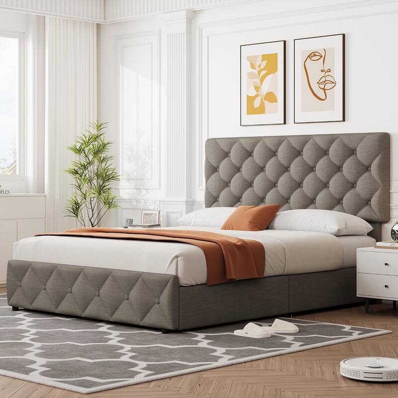 Garvee Bed Frame with 4 Storage Drawers and Headboard, Linen Upholstered Platform Bed Frame