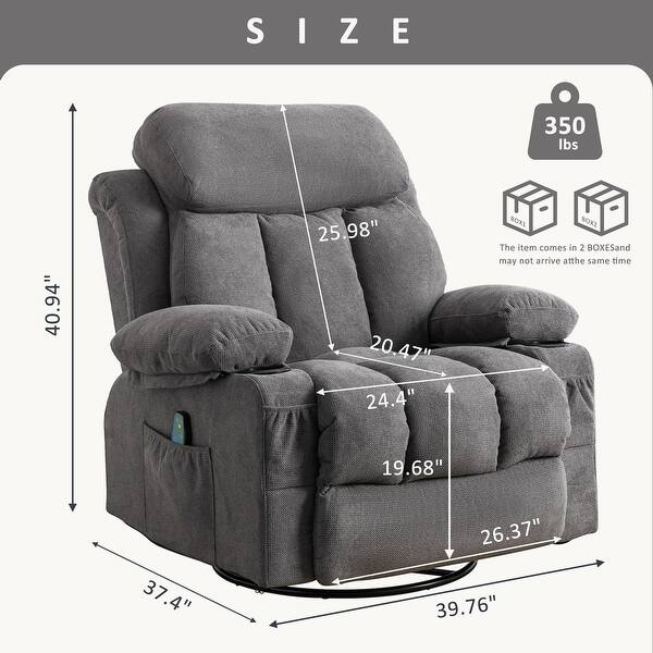 Grey Swinging Recliner Massage Sofa with USB, 2 Cup Holders, and 360° Rotation, Heating Function