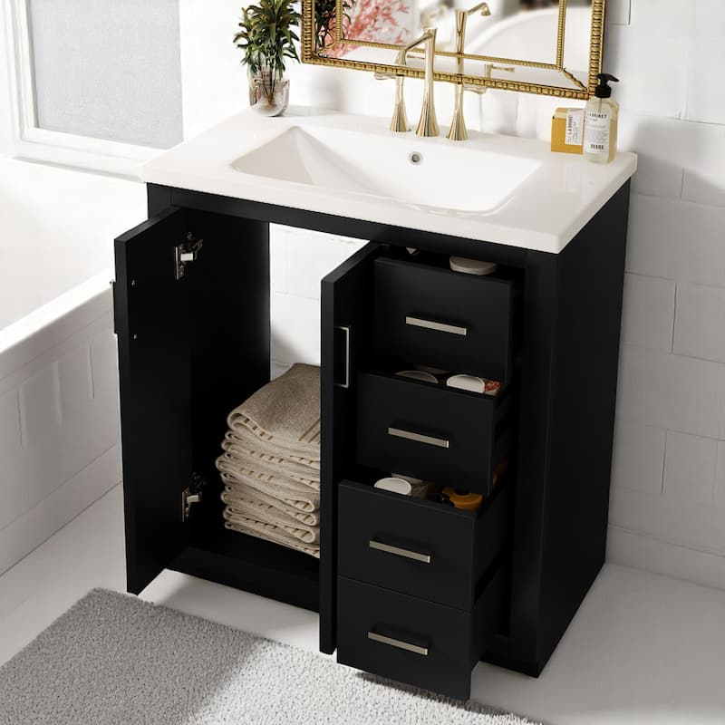 Freestanding 30 Inch Bathroom Vanity with Ceramic Sink, MDF Cabinet with 3 Drawers and Storage Shelf