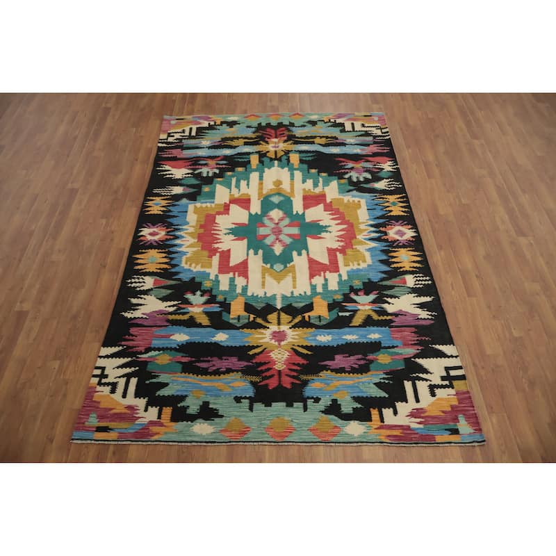 Hand Woven Oriental 100% Wool Carpet Southwestern Tribal Multi-Colored Kilim Area Rug - 8' 6'' X 5' 8''