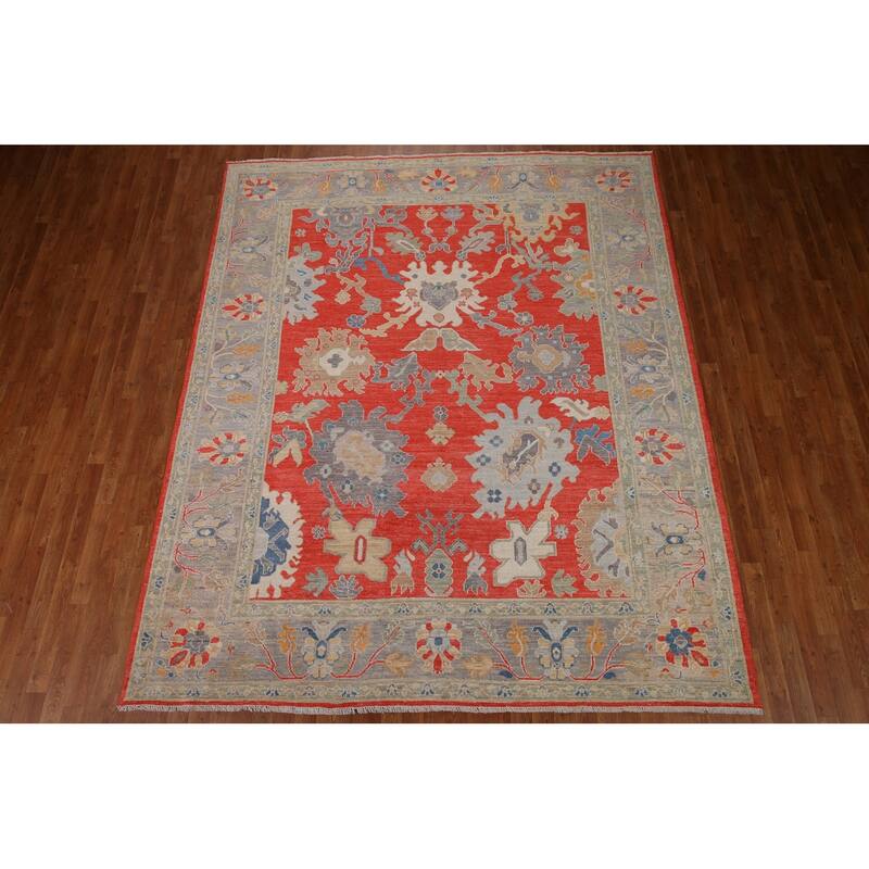 Red Floral Oushak Vegetable Dye Area Rug Handmade Wool Carpet - 8'2"x 9'11"