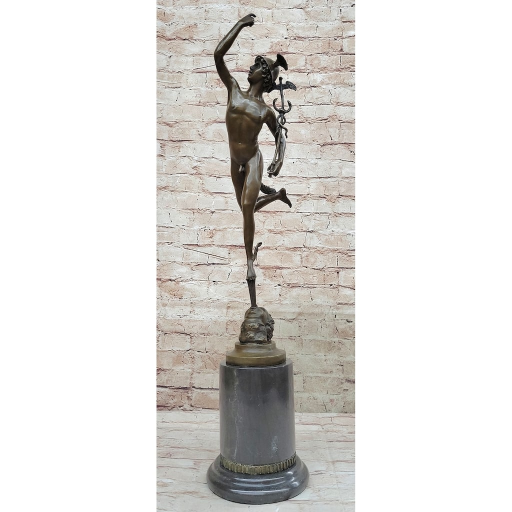 Flying Mercury Hermes W/ Caduceus Bronze Statue Sculpture Figure By Giambologna 21 Inches X 13 Inches