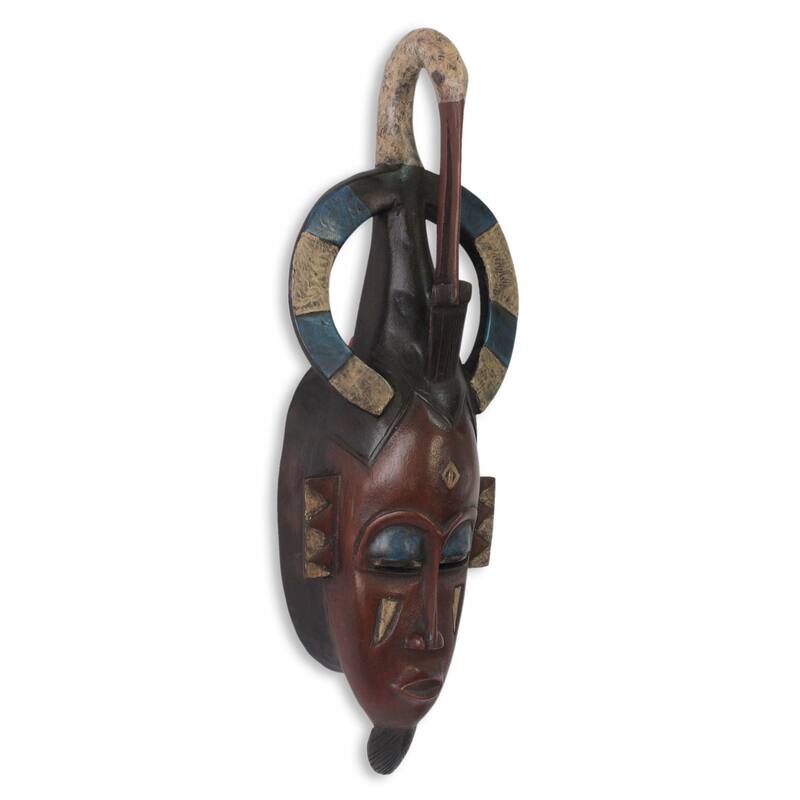 Handmade Sese Wood 'Ivoirian Flamingo Guardian' Mask (Ghana) - Blue/Brown
