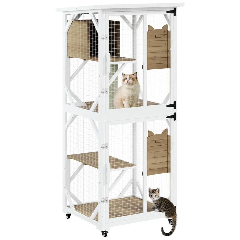 BOSSIN 71" Outdoor Catio Enclosure with Removable Floor, Scratching Post & 4 Wheels, Waterproof Roof - White