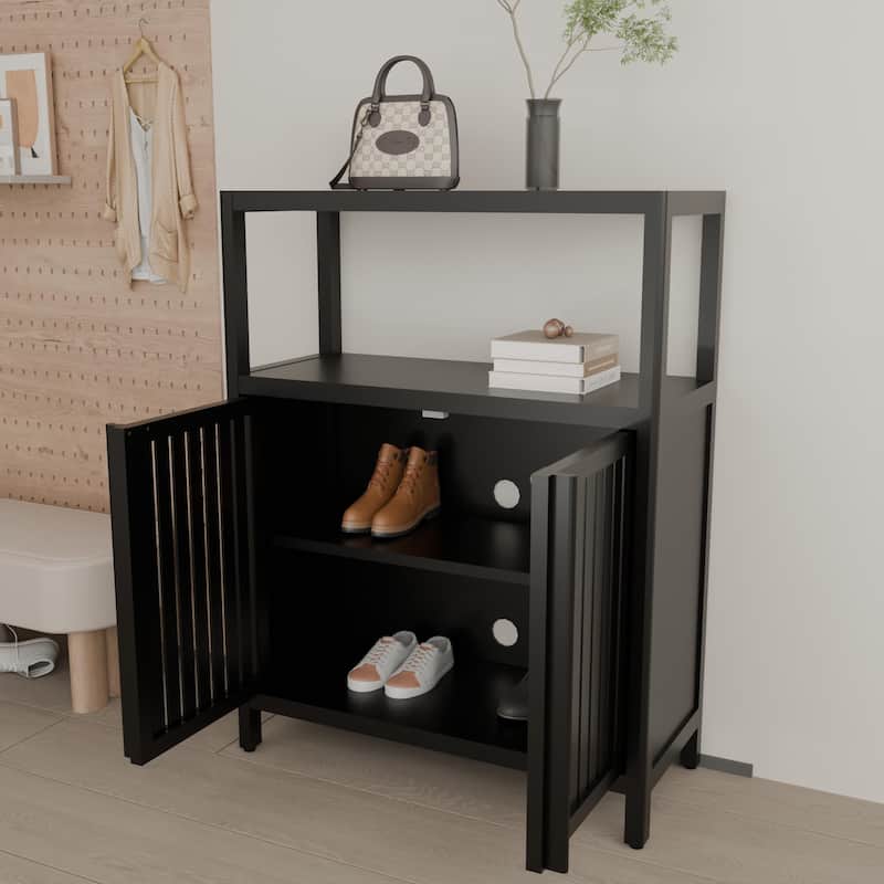 Anmytek Black Bamboo Storage Cabinet with Open Shelf, Large Capacity Freestanding Organizer for Entryway, Bathroom, Living Room