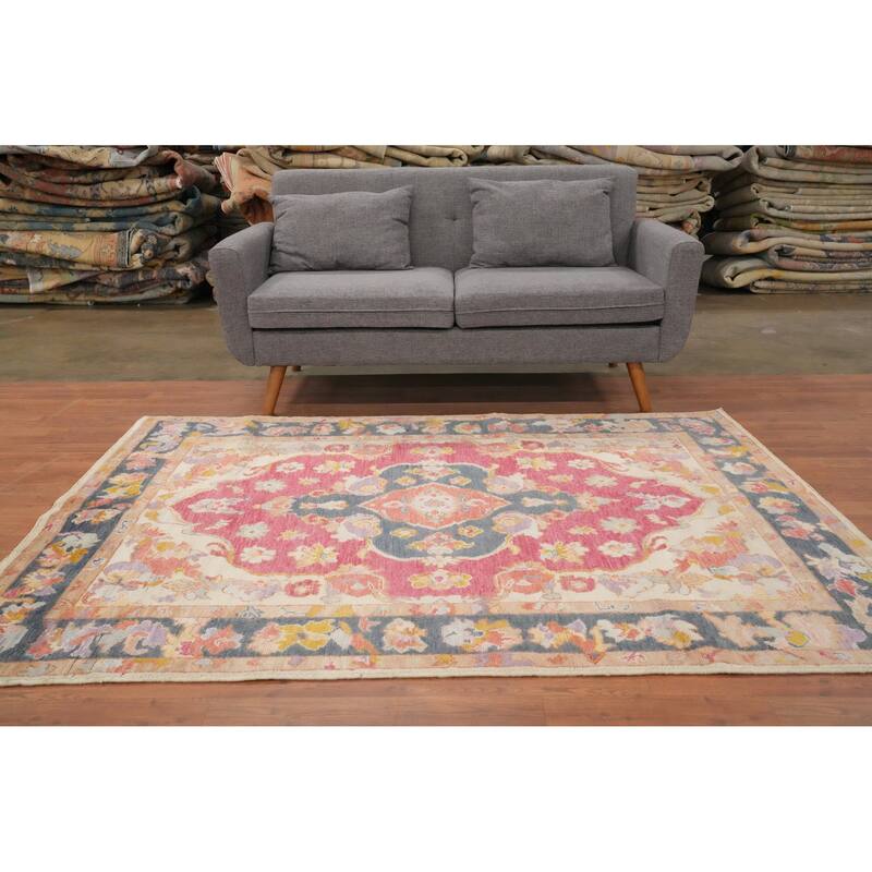 Hand Knotted Oriental 100% Wool Carpet Transitional Floral Pink Oushak Area Rug - 6' 10'' X 5' 0''