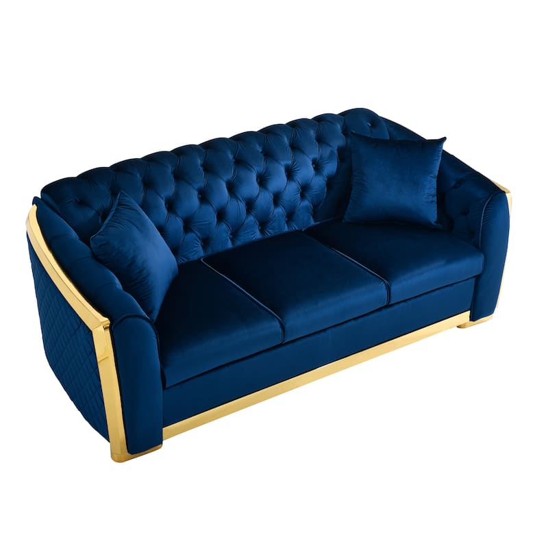 Velvet Chesterfield Sofa Set - 3-Seat Tufted Couch with Gold Stainless for Living Room