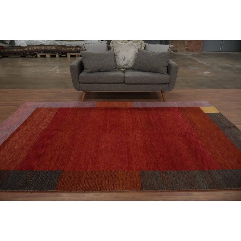 Hand Knotted Oriental 100% Wool Carpet Modern Geometric Oranges & Rust Gabbeh Area Rug - 9' 8'' X 6' 5''