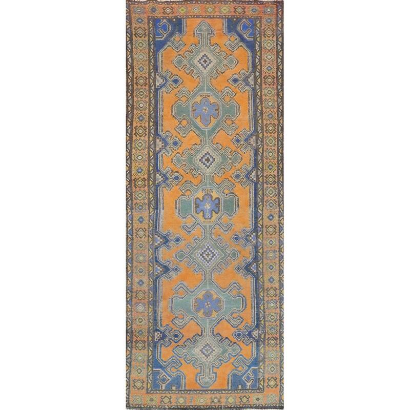 Hand Knotted Oriental 100% Wool Carpet Traditional Geometric Oranges & Rust Hamedan Runner Rug - 9' 7'' X 3' 3''