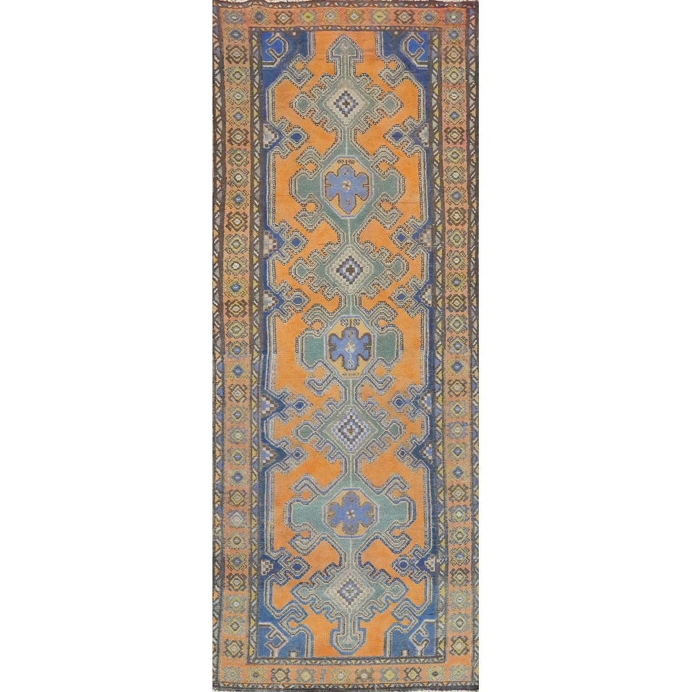 Hand Knotted Oriental 100% Wool Carpet Traditional Geometric Oranges & Rust Hamedan Runner Rug - 9' 7'' X 3' 3''
