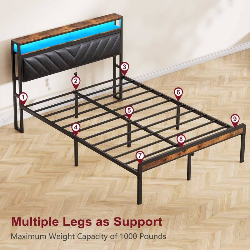Full Size Metal Platform Bed Frame with Adjustable Upholstered Headboard, Charging Station
