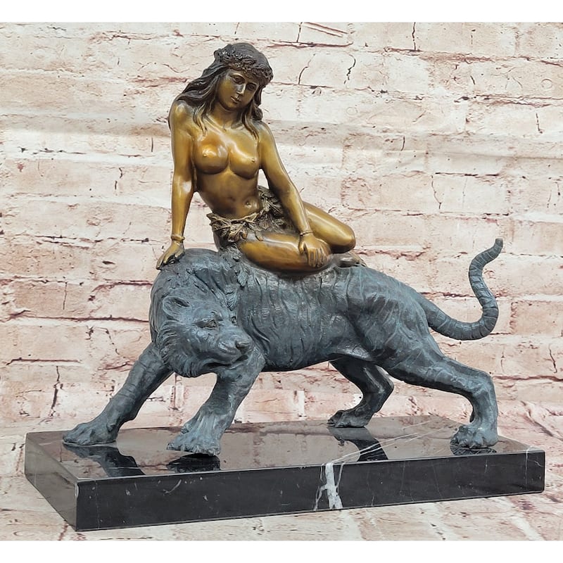 Bronze Jungle Girl Reclining On Tiger Sculpture – Art Deco Style
