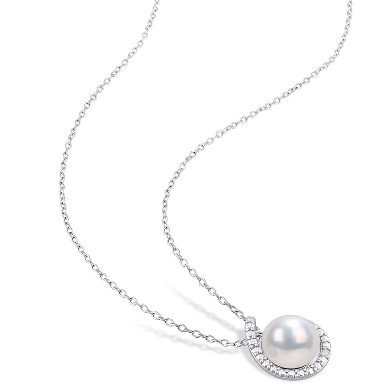 Miadora Sterling Silver Cultured Freshwater Pearl & Diamond Accent Beaded Halo Necklace (8-8.5mm)
