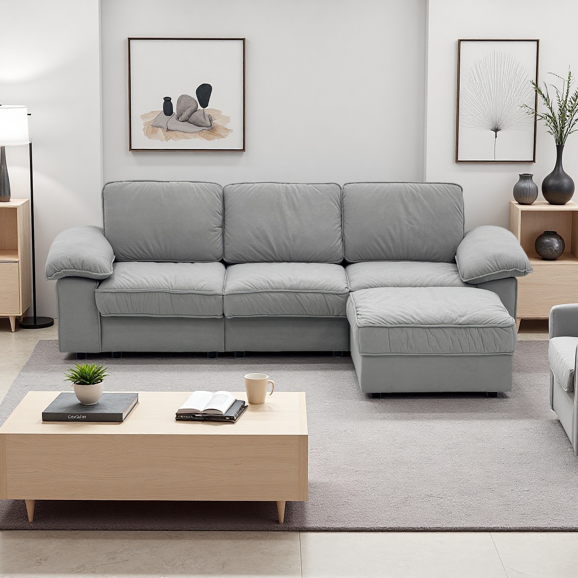 105.5" Velvet L-Shaped Sectional Sofa with Ottoman, Storage and Deep Seat Cushions (4-Seater)