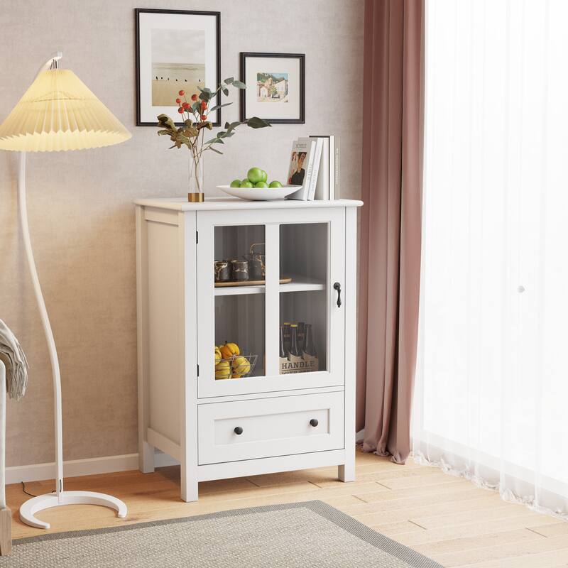Buffet storage cabinet with single glass doors and unique bell handle