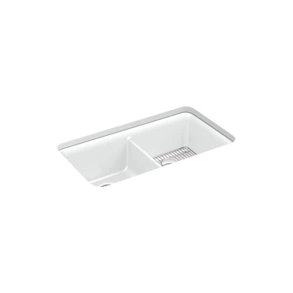 slide 1 of 1, Kohler Cairn? 33-1/2" X 18-5/16" X 10-1/8" Neoroc? Undermount Double-Equal Kitchen Sink with Rack Matte White
