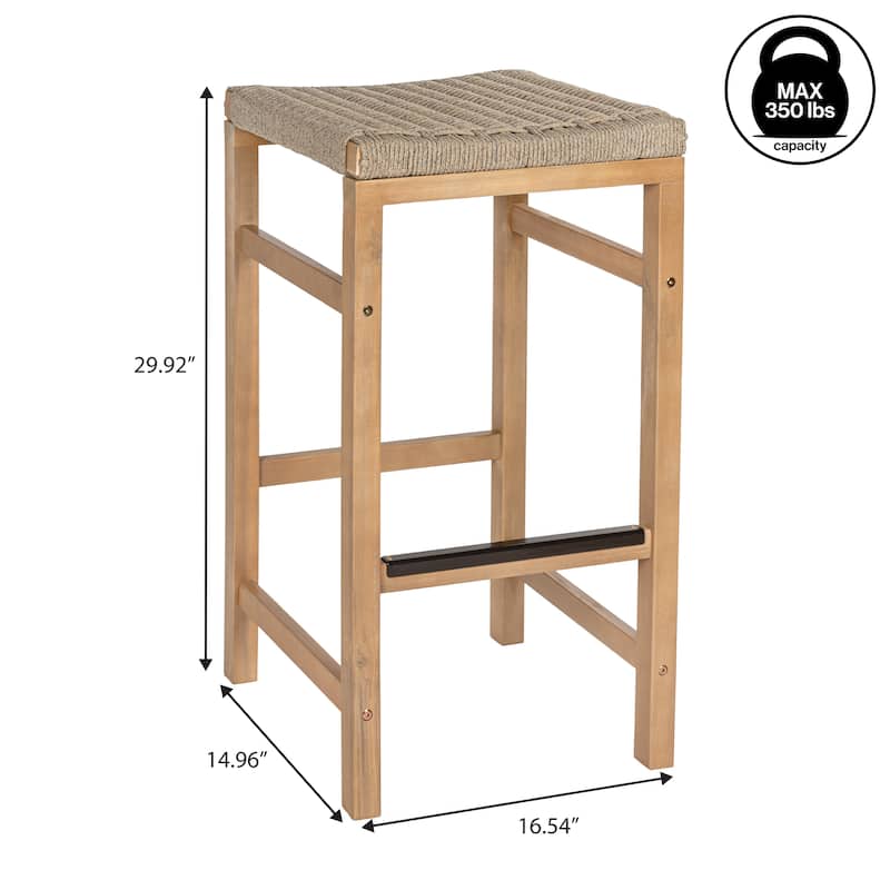 Armand Backless Acacia Wood Outdoor Stool with Woven Rope Seat, (Set of 2)