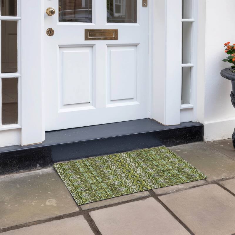 Machine Washable Indoor/ Outdoor Chantille Mosaic Global Rug - Olive - 1'8" x 2'6"